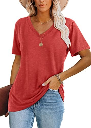A vivid red short sleeve tee cut with a soft drape, an open V-neck, and plenty of stretch through the body.