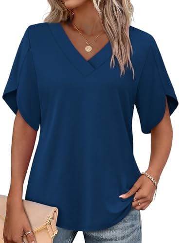 Overlapping petal sleeves and deep navy fabric give this easy summer V-neck top a polished look for work or weekends.