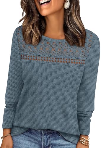 Intricate crochet lace across the chest meets a flowy long sleeve cut in rich Real Teal for polished office days.