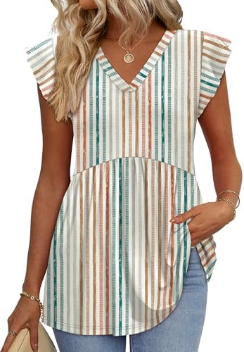 Bright orange stripes wake up this airy babydoll blouse, finished with ruffled sleeves and an easy V-neckline.