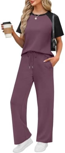 Rich dark purple panels meet breathable spacer knit in this easy two-piece set, featuring a classic crew neck and flowy wide-leg pants.