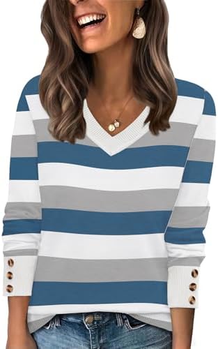 Crisp blue color blocking and buttoned cuffs give this wide V-neck pullover a clean, easy look for cooler days.