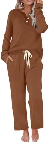 Cut in deep chocolate brown, this two-piece knit set pairs a buttoned henley with wide-leg drawstring lounge pants.