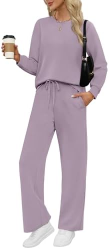 A muted grey purple knit defines this breezy two-piece travel set, pairing a long-sleeve crew top with wide-leg pants.