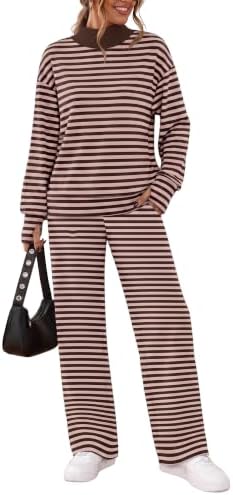 Warm earth tones define this striped two-piece set, cut with a mock neck sweatshirt and relaxed wide-leg lounge pants.