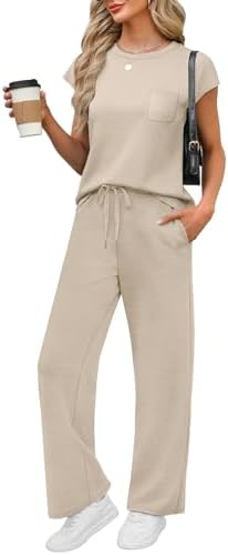 Spun in an airy spacer knit, this neutral beige two-piece pairs a cap-sleeve crew top with fluid, wide-leg drawstring pants.
