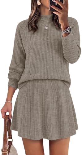 Rich coffee brown colors this soft two-piece knit set, combining a clean mock neck top with an easy high-waisted A-line skirt.
