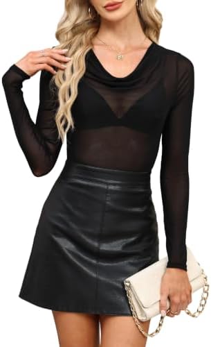 A softly draped cowl neck in solid black stretch knit gives this long sleeve shirt an easy base for jackets and evening skirts.
