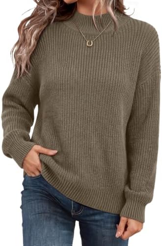 A fuzzy khaki knit pullover cut roomy through the torso with a soft, non-binding mock neck for brisk mornings.