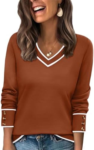 Warm caramel tones and neat color blocking bring an earthy mood to this lightweight, button-cuff knit sweater.