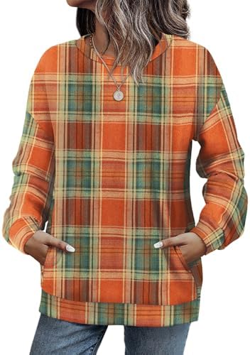 A soft plaid caramel crewneck sweatshirt with dropped shoulders and a hidden side pocket for easy layering on cool days.