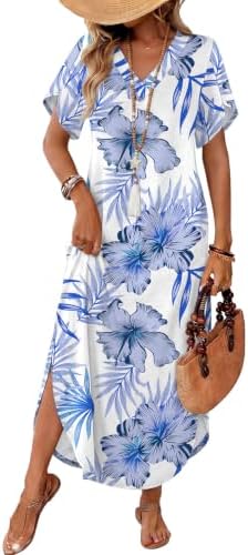 A breezy ankle-length maxi cut with petal sleeves, side slits, and practical pockets in our cool floral blue print.
