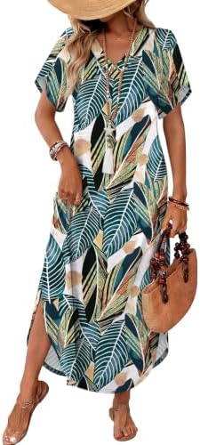 Lush green palm fronds scatter across this lightweight knit maxi, cut with petal sleeves and high side slits for easy movement.