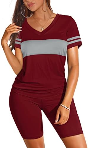 Cut in a deep wine red knit, this two-piece pairing matches a classic v-neck tee with flexible high-waist biker shorts.