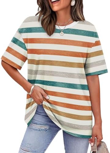 Bright horizontal bands across a relaxed knit body give this crewneck tee an easy, sunlit feel on warm travel days.