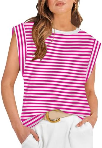 Crisp fuchsia and white stripes give this relaxed crewneck sleeveless tee a bright, summery pop for warm afternoons.