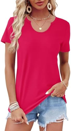 Bright hot pink knit tee cut loose through the body with short sleeves and an open neckline for warm sunny days.