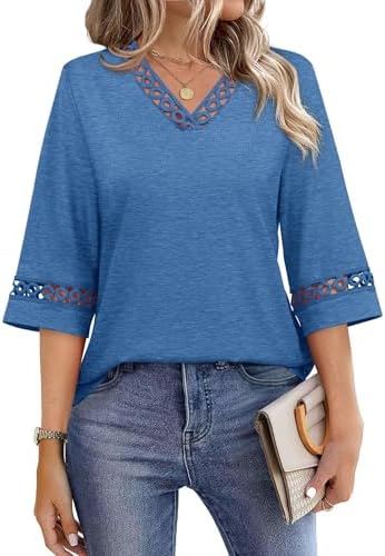 Delicate eyelet lace frames the neckline of this bright blue blouse, finished with breezy three-quarter bell sleeves.