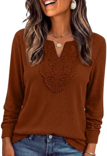 Spun in a rich caramel hue, this ribbed long-sleeve knit features delicate lace detailing around the collar for cool days.