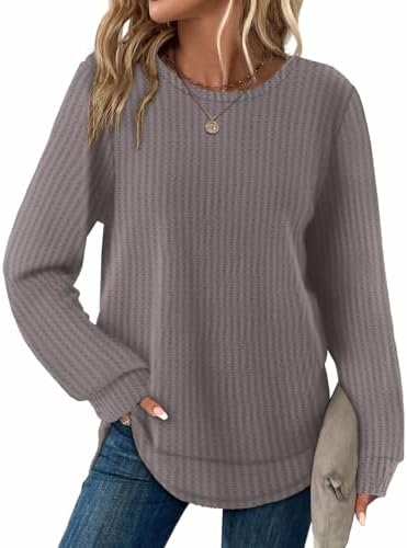 A softly textured waffle knit in heathered grey, shaped with a rounded crewneck and curved hem for breezy layering.