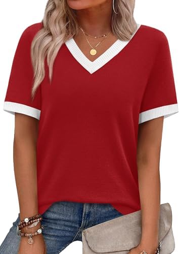 Bold color block red panels brighten this lightweight short sleeve sweater knit, finished with a classic V-neck.