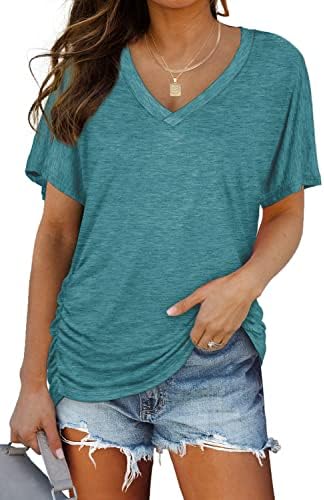Gathered side shirring shapes this vibrant turquoise tunic cut in a soft, lightweight dolman silhouette.