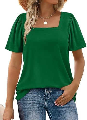 Cut with a neat square neckline and subtle puff sleeves, this soft green tee pairs cleanly with denim or skirts.