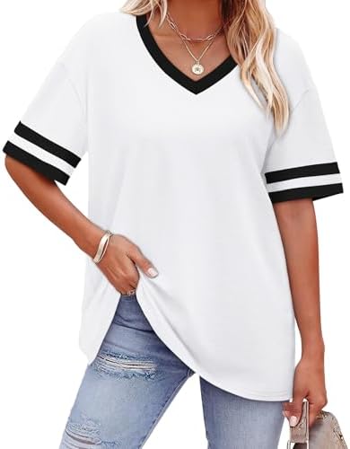 Crisp white jersey pairs with sporty striped sleeve cuffs on this easy V-neck top cut with generous room through the body.