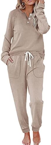 A soft beige two-piece lounge set with a henley button neckline and high-waisted drawstring pants.