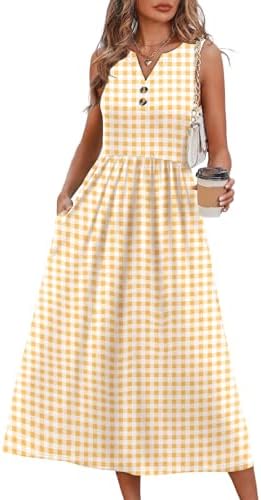 Printed in a cheerful floral yellow grid, this sleeveless midi dress features a buttoned V-neckline and an airy curved hem.