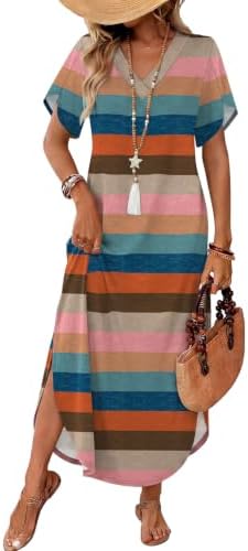 Clean horizontal stripes break up the ankle length of this soft jersey maxi, cut with petal sleeves and side slits for easy strides.