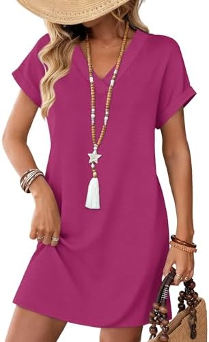 Bright hot pink brings bold color to this breezy T-shirt dress, cut with cuffed sleeves and roomy side pockets.
