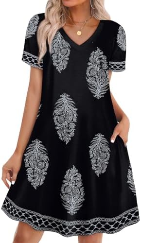 Tonal black pine print turns this airy V-neck T-shirt dress into a quick cover-up or an easy dinner choice.