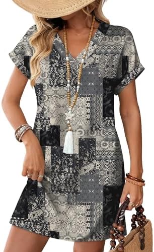 Tonal geometric squares give this relaxed v-neck tshirt dress a modern look with deep side pockets and neat cuffed sleeves.