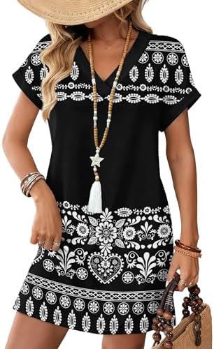 Crisp black stripes meet delicate blooms on this relaxed V-neck t-shirt dress, complete with cuffed sleeves and roomy side pockets.