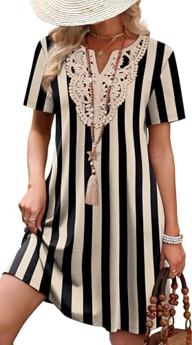 Crisp vertical stripes and delicate lace along the V-neckline give this easy t-shirt dress a clean summer finish.