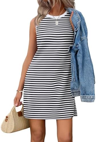 Lightweight striped jersey shapes this sleeveless A-line dress, finished with a classic crewneck and subtle side slits.
