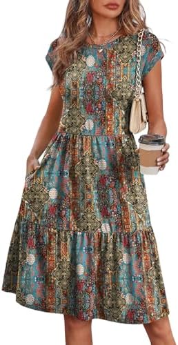 Tiers of blue and orange floral print shape this cap-sleeve sundress, finished with side pockets and a knee-grazing hem.