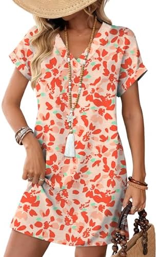 A relaxed floral pink tshirt dress with cuffed sleeves and roomy side pockets makes warm weekend mornings easy.