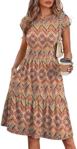 Tiers of breezy fabric and an earthy boho print shape this knee-length sundress, complete with cap sleeves and side pockets.