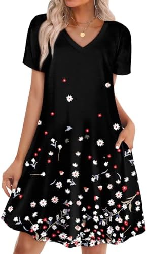 A crisp black floral print grounds this easy V-neck swing dress, cut with short sleeves and deep side pockets.