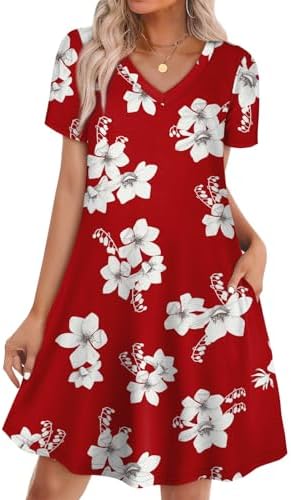 A bright red floral print livens up this easy V-neck swing dress, complete with deep side pockets and soft stretch knit.