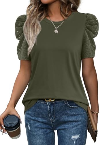 Gathered leg-of-mutton sleeves bring structure to soft army green knit, giving you the ease of a tee with dressier volume.