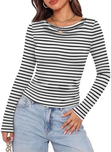 Classic printed stripes meet a soft draped neckline and neat side ruching for an easy slim layer on cooler days.
