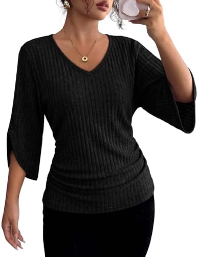 A deep black ribbed knit tunic cut with wide three-quarter sleeves and a neat V-neck for easy everyday wear.