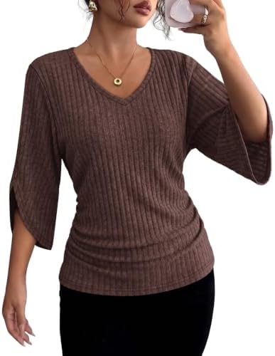 A deep V-neckline leads into relaxed three-quarter sleeves in rich earthy brown, cut from our soft ribbed knit.