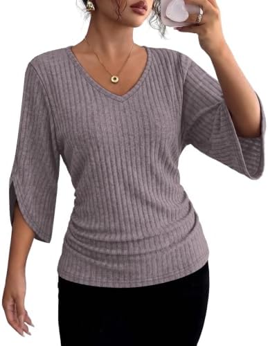 A soft heather grey ribbed knit top cut with a relaxed V-neck and flared three-quarter sleeves for easy layering.