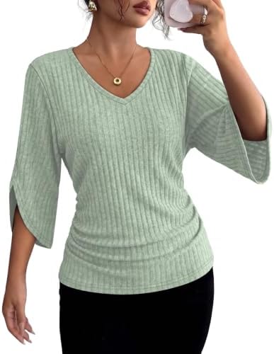 A soft light green ribbed knit top cut with flare three-quarter sleeves and a deep V-neckline for easy layering across seasons.