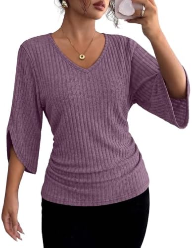 Soft purple ribbed knit cut with loose three-quarter sleeves and a deep V-neckline for relaxed weekday wear.