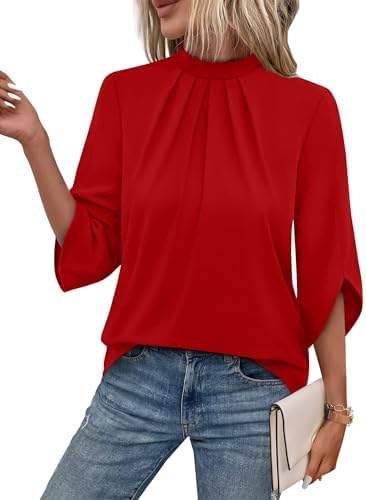 Vibrant red knit shapes this mock neck blouse with soft front pleats and fluid petal sleeves for workday polish.